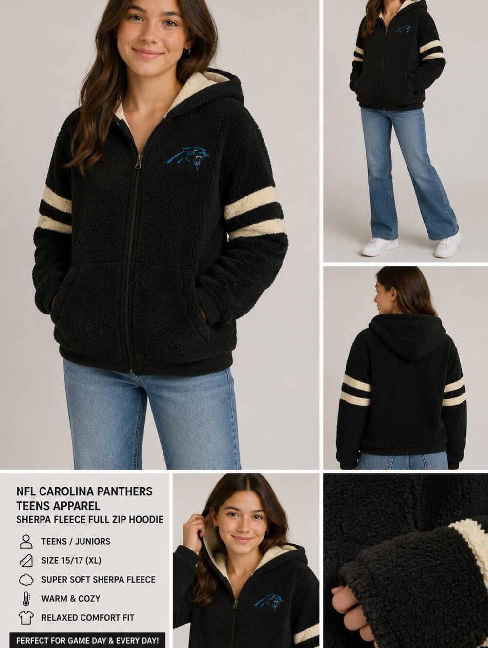 NFL Carolina Panthers Teens Apparel Sherpa Fleece Full Zip Hoodie Black XL 15/17